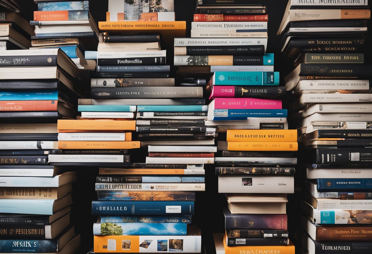 A stack of books with bold, eye-catching covers surrounded by various marketing materials like flyers, social media posts, and email newsletters. The books are positioned in a way that suggests they are standing out from the clutter of advertising