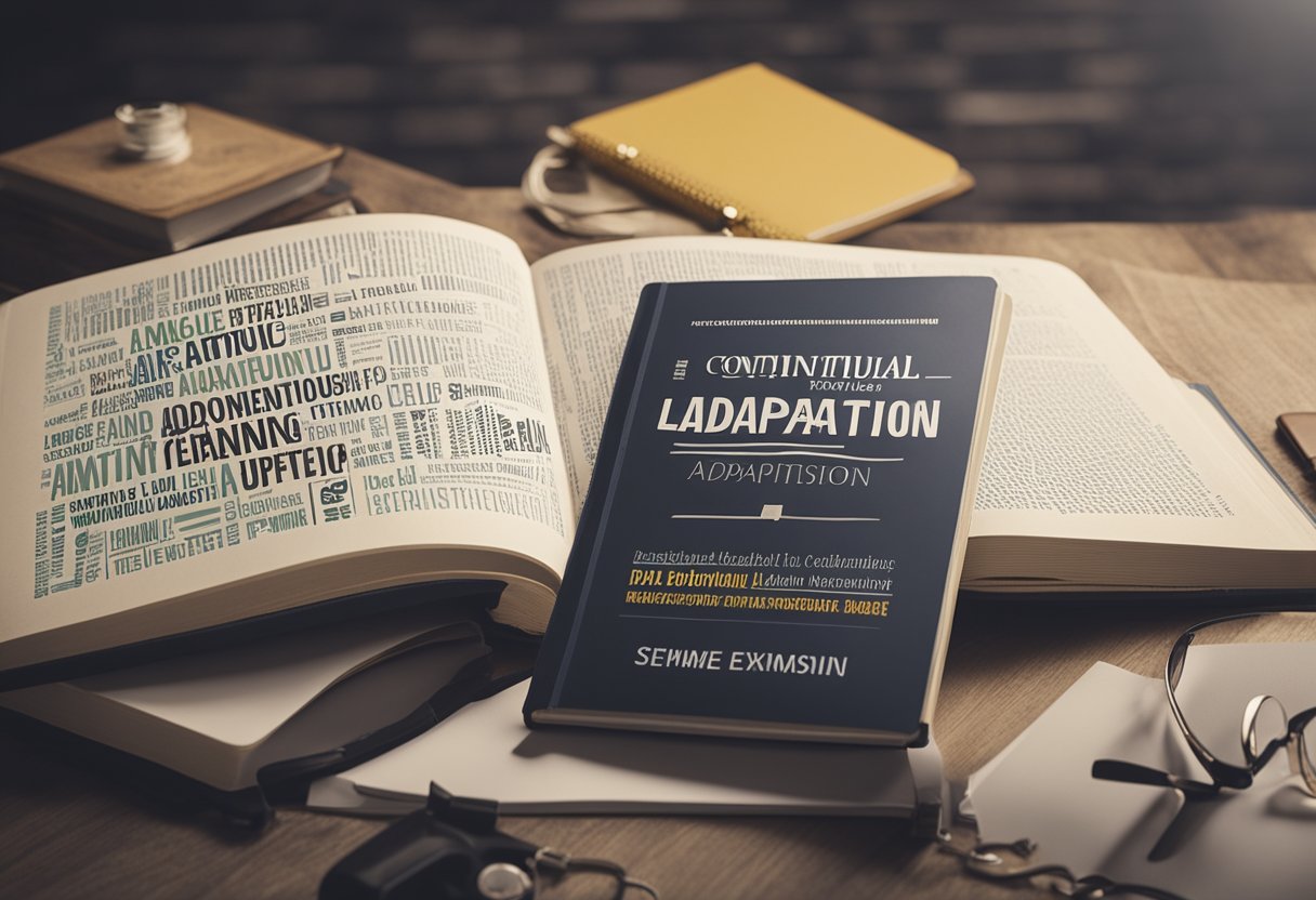A book with "Continual Learning and Adaptation" title surrounded by various marketing materials, fatigue symbolized by worn-out ad images
