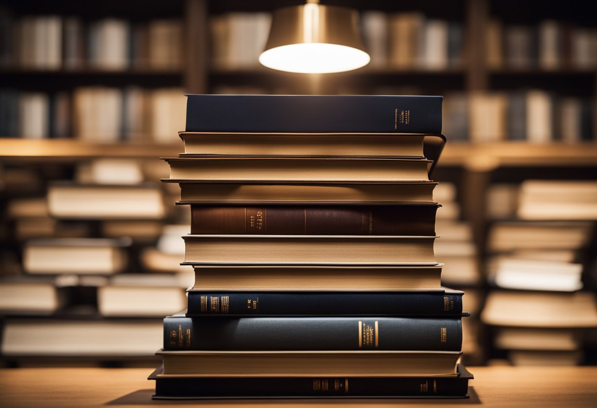 A stack of books with a spotlight shining on one, surrounded by shadowed competitors