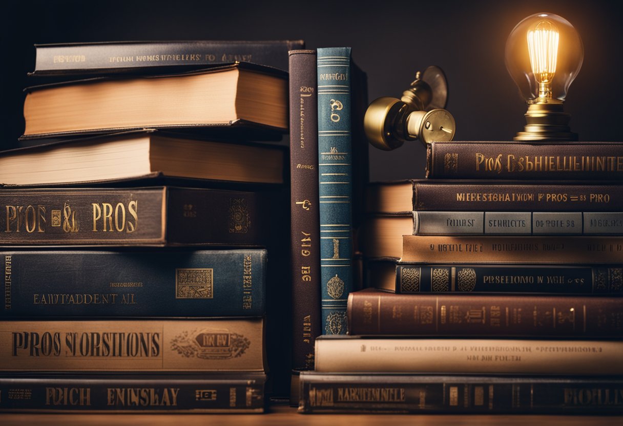 A stack of books with a spotlight shining on them, surrounded by various marketing materials and tools. A scale with "Pros" and "Cons" on either side