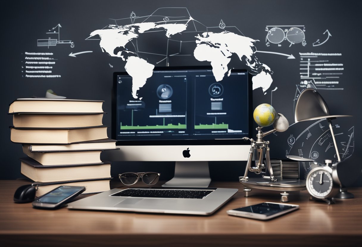 A cluttered desk with a laptop, phone, and stacks of books. A scale balancing pros and cons, with arrows pointing in opposite directions. A globe symbolizing global reach