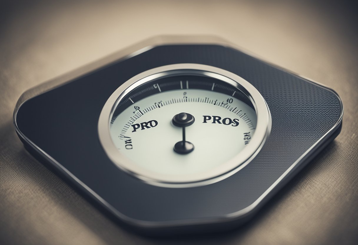 A scale with "Pros" and "Cons" on either side, symbolizing the long-term implications of outsourcing book advertising