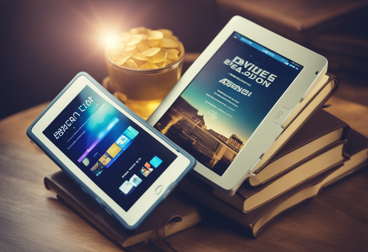 A stack of vintage books next to a modern e-reader, with a futuristic holographic display showcasing digital book ads
