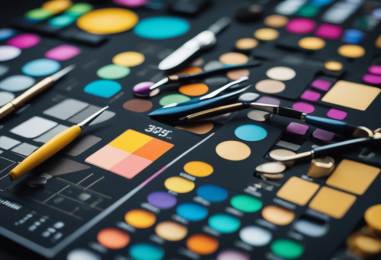 A colorful palette of artistic tools arranged neatly alongside a grid of organized marketing data, symbolizing the interplay of creativity and strategy in book ads