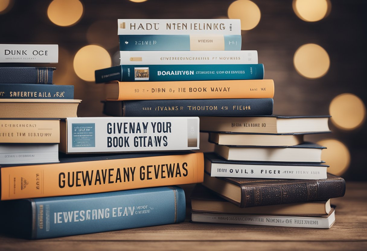 A stack of books with "Giveaway" labels, surrounded by various marketing materials like flyers and social media posts. A banner reads "Integrating Book Giveaways in Your Advertising Strategy."