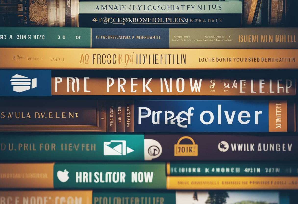 A stack of books with a "pre-order now" banner, surrounded by targeted ads on social media and websites