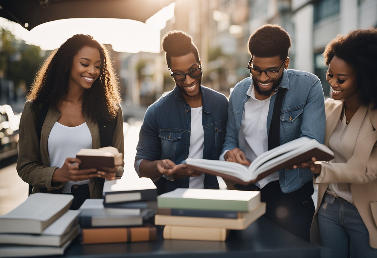 A group of diverse individuals strategically placing books in various locations, while collaborating with other businesses for maximum exposure