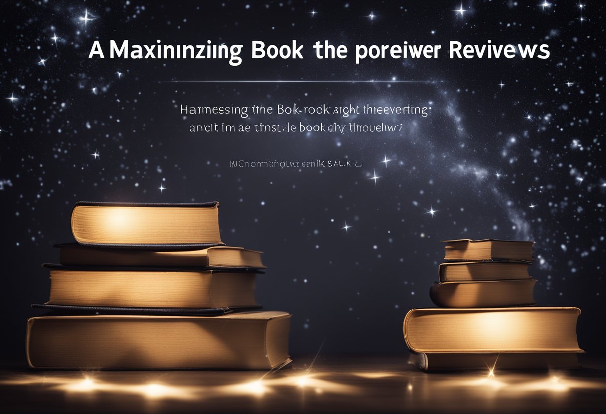 A stack of books surrounded by glowing stars and lightning bolts, with a spotlight shining on the title "Harnessing the Power of Book Reviews." A banner reads "Maximizing Book Pre-Orders Through Strategic Advertising."