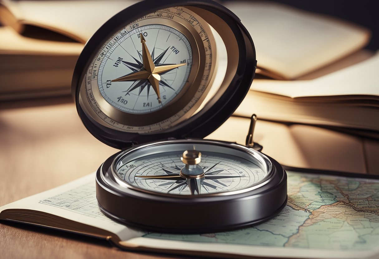 A book with a compass and map surrounded by advertising regulations and guidelines