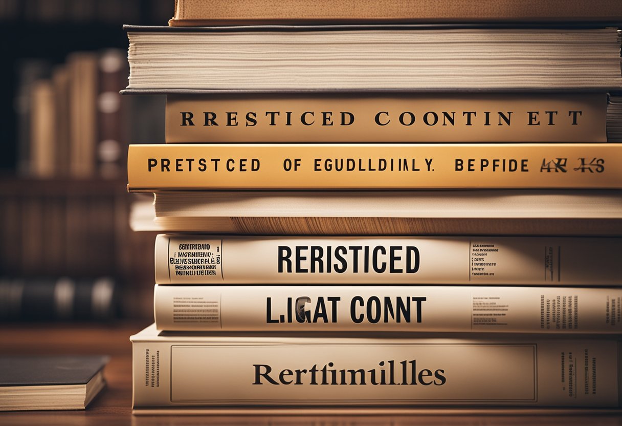 A stack of books with a "Restricted Content" label, surrounded by legal documents and guidelines