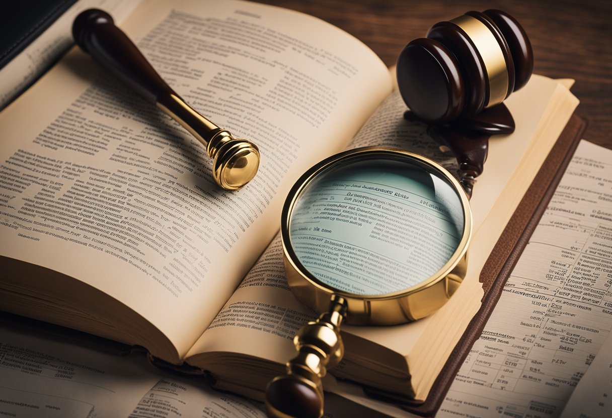 A book with a magnifying glass hovering over it, surrounded by legal documents and a gavel, representing the navigation of advertising regulations