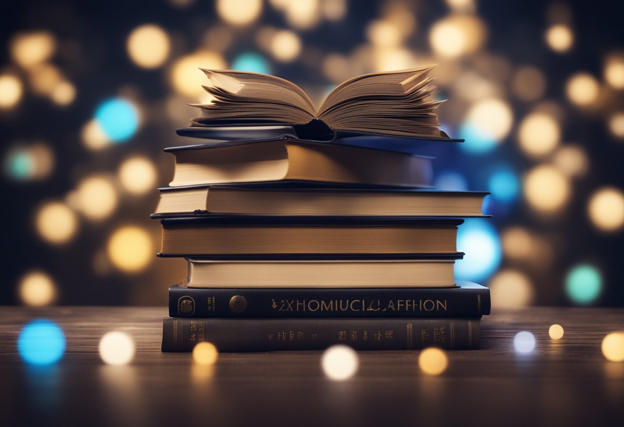 A stack of books with a glowing ad above them, surrounded by diverse symbols representing communication and connection
