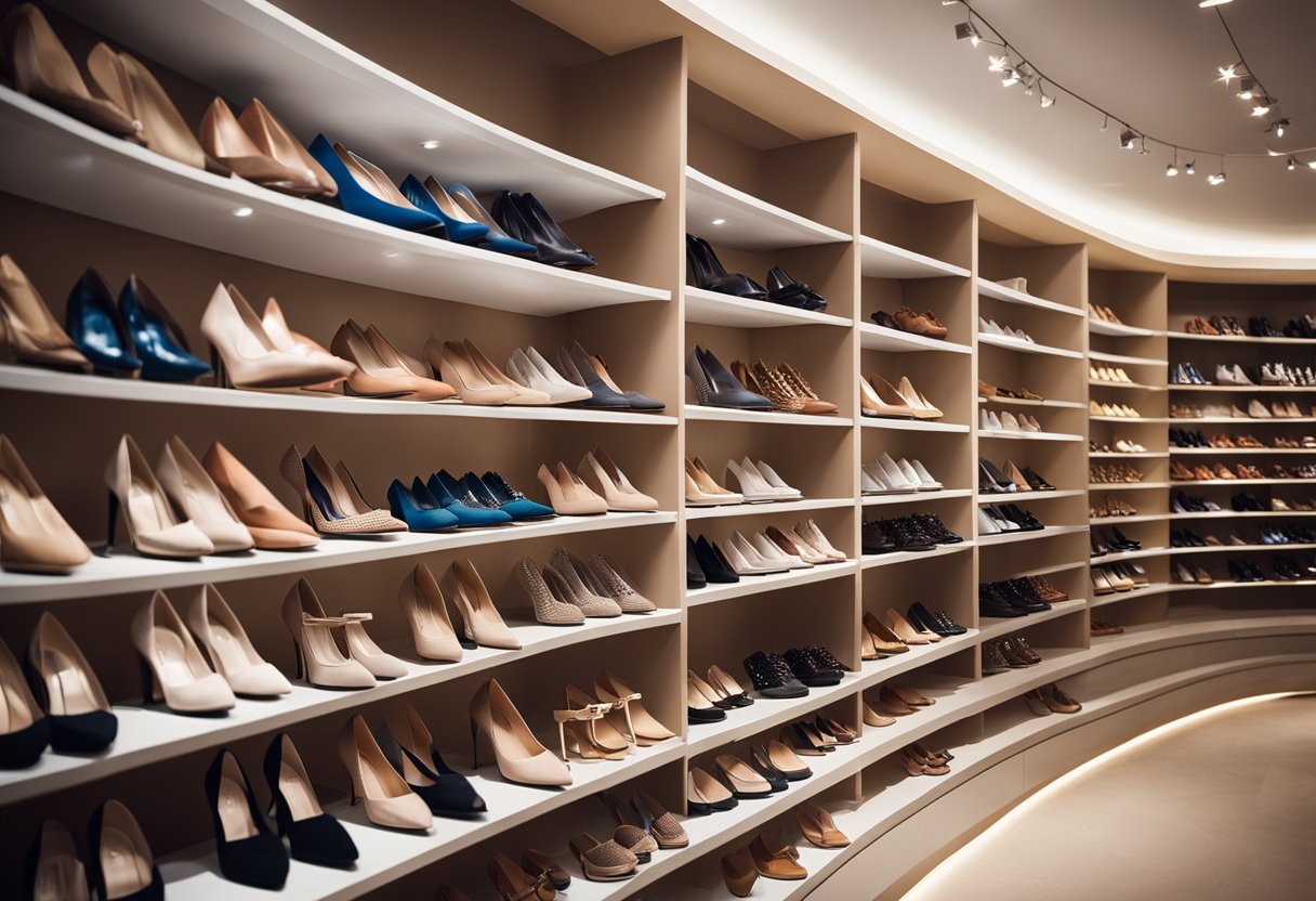 A display of women's fashion shoes arranged on shelves in a boutique. Various styles, colors, and heel heights are showcased