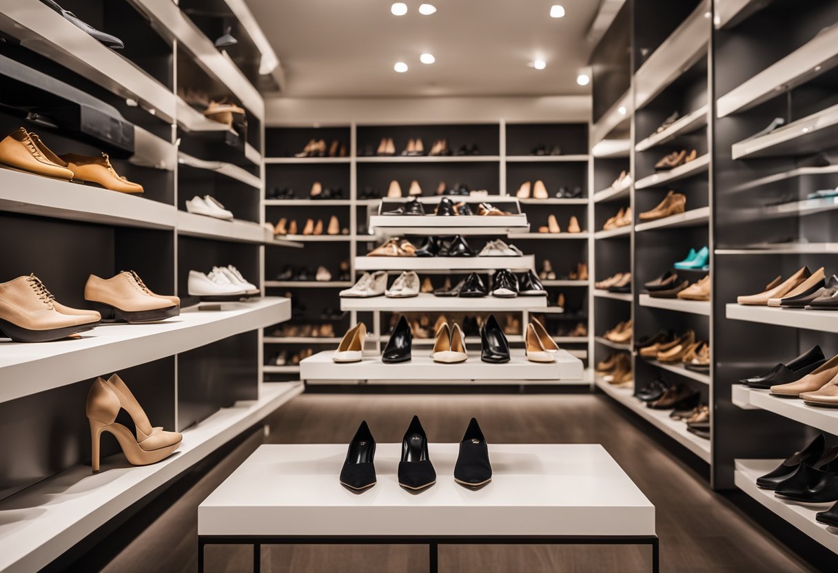 A display of various women's fashion shoes arranged on shelves and pedestals, showcasing different styles, colors, and heel heights