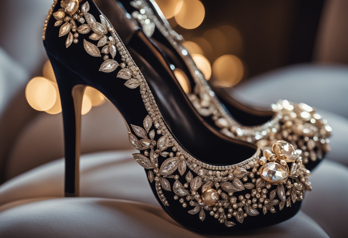 A pair of elegant women's fashion shoes displayed on a luxurious velvet cushion, with soft lighting highlighting their intricate design and shimmering embellishments