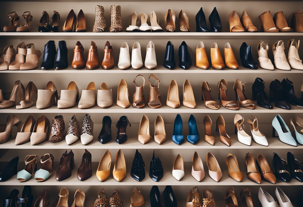 A display of women's fashion shoes arranged by season, including boots, sandals, and heels, with a variety of colors and styles