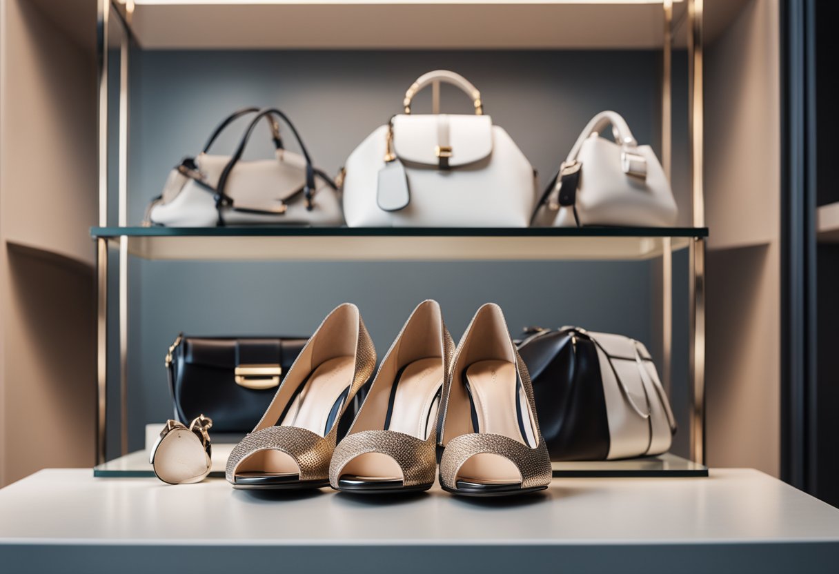 A pair of stylish women's fashion shoes placed next to a matching handbag on a sleek, modern display shelf