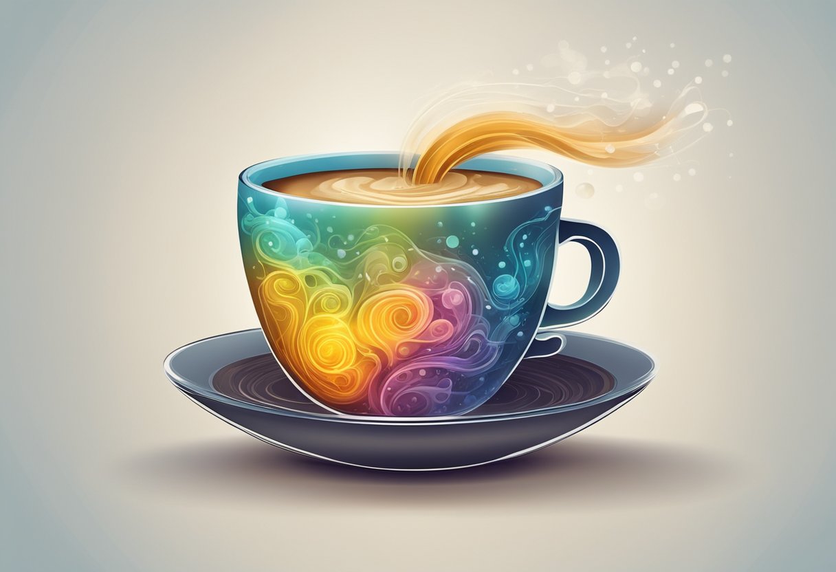 A steaming cup of coffee emits aromatic compounds, interacting with brain receptors, stimulating alertness and enhancing cognitive function