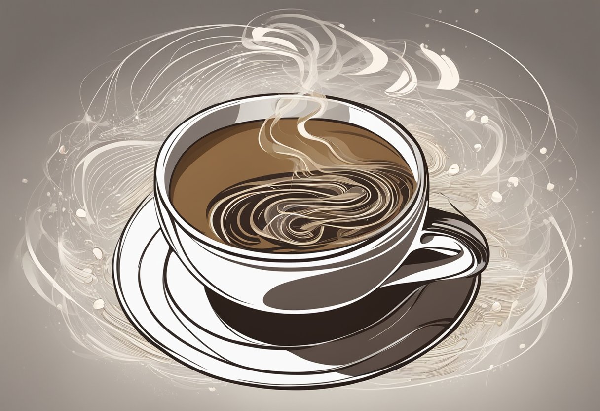 A steaming cup of coffee sits on a table, surrounded by swirling lines representing the brain's cognitive activity