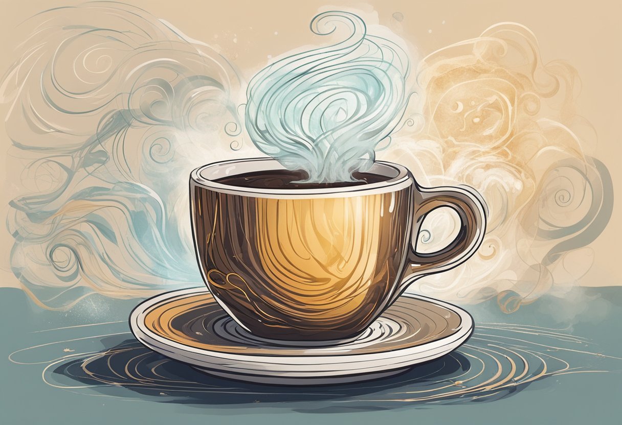 A steaming cup of coffee sits on a table, surrounded by swirling aroma. Nearby, a brain is depicted with energy and alertness emanating from it