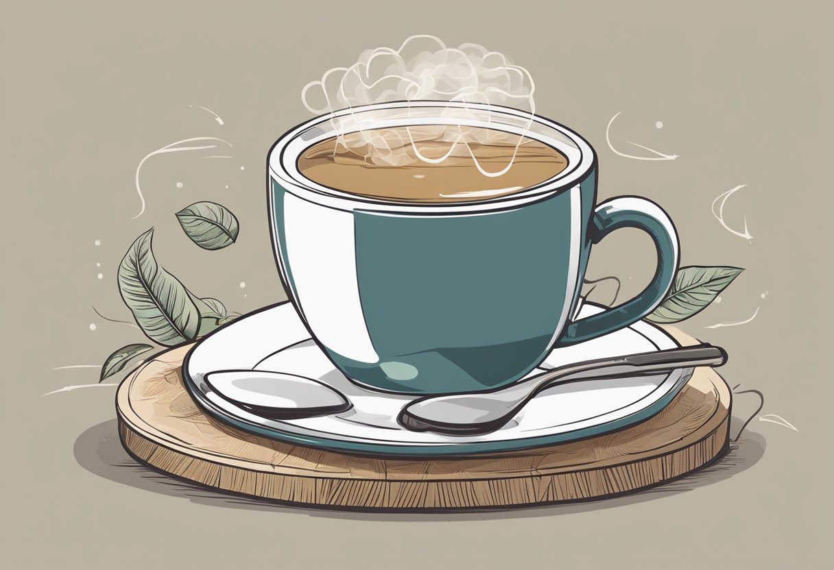 A steaming cup of coffee sits next to a brain, with arrows showing increased activity and energy levels. The body is shown with improved circulation and alertness