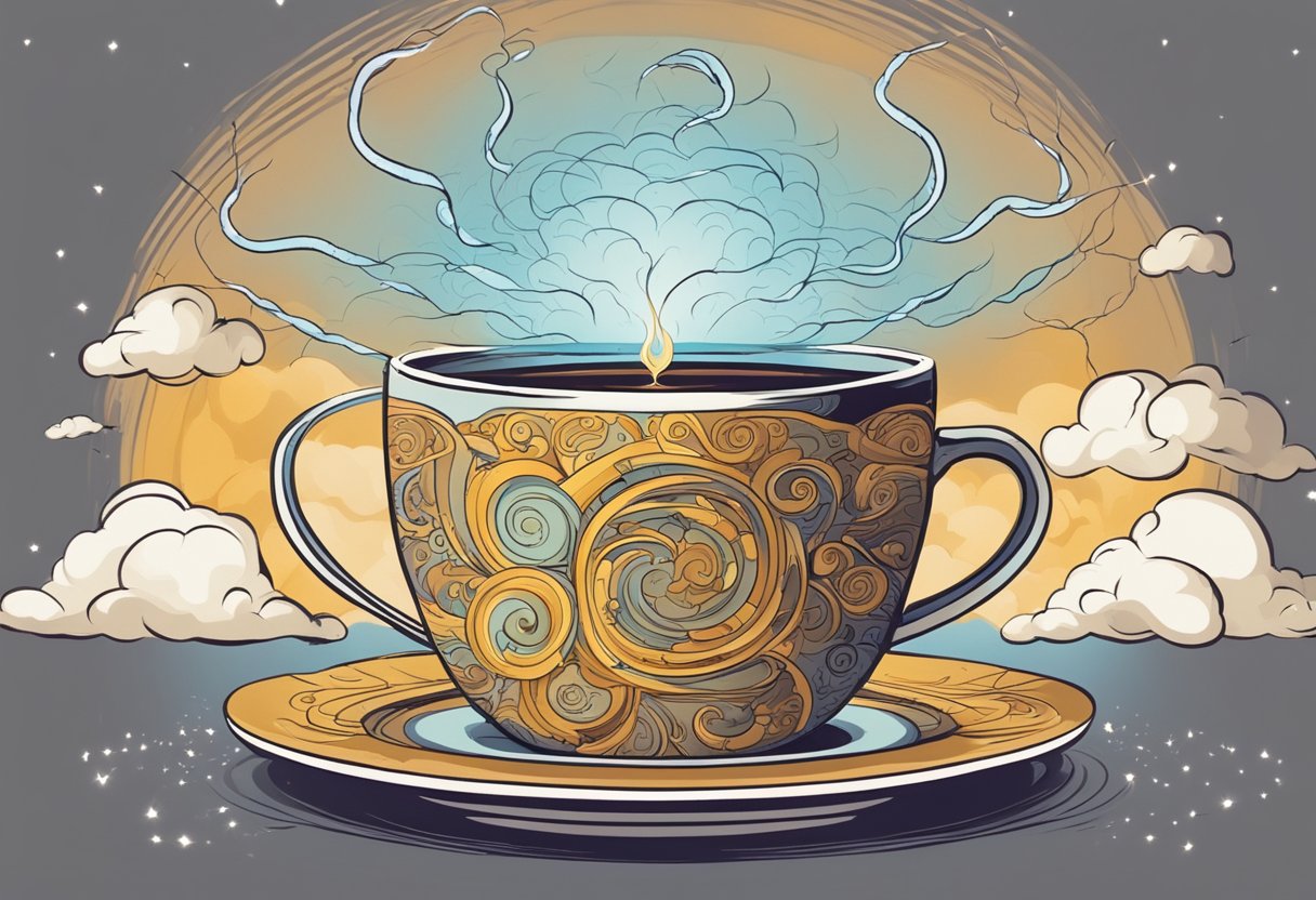 A cup of coffee surrounded by lightning bolts and swirling clouds, with a brain in the center showing signs of stimulation and alertness