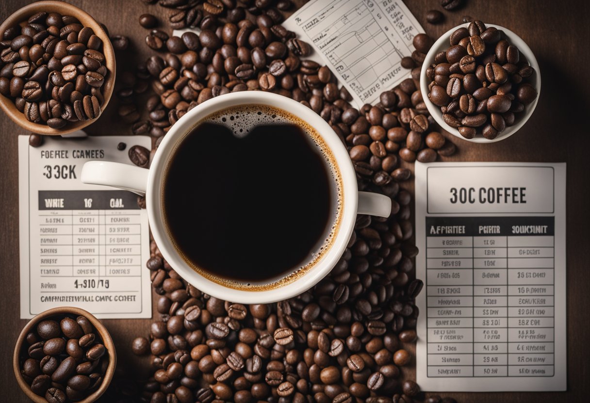 A steaming cup of coffee sits on a table, surrounded by various coffee beans and a caffeine content chart