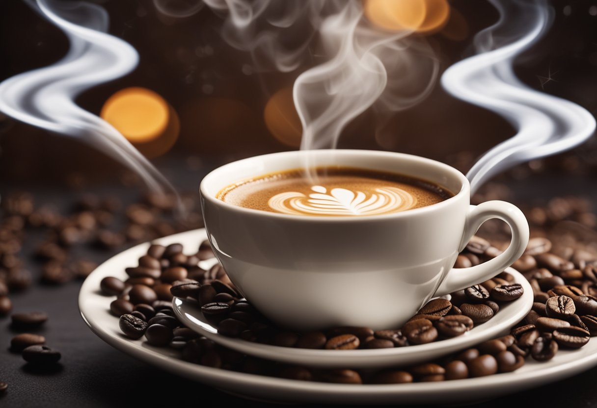 A steaming cup of coffee with a swirling aroma, surrounded by coffee beans and a chemical structure of caffeine