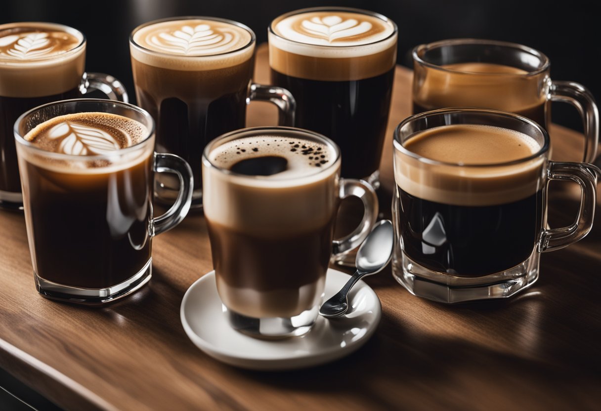 A variety of coffee drinks sit on a table, including espresso, cold brew, and drip coffee. A sign indicates the type with the most caffeine