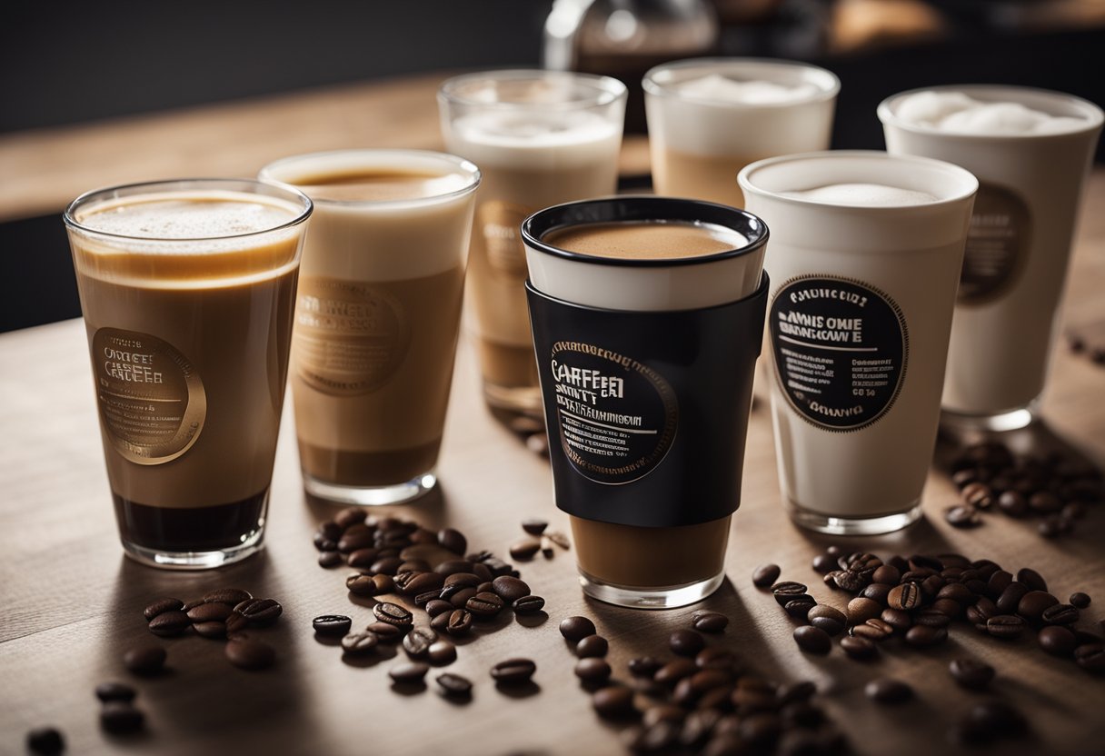 A table with various coffee brands lined up, each labeled with their caffeine content. A person holding a measuring cup next to each brand, comparing the levels