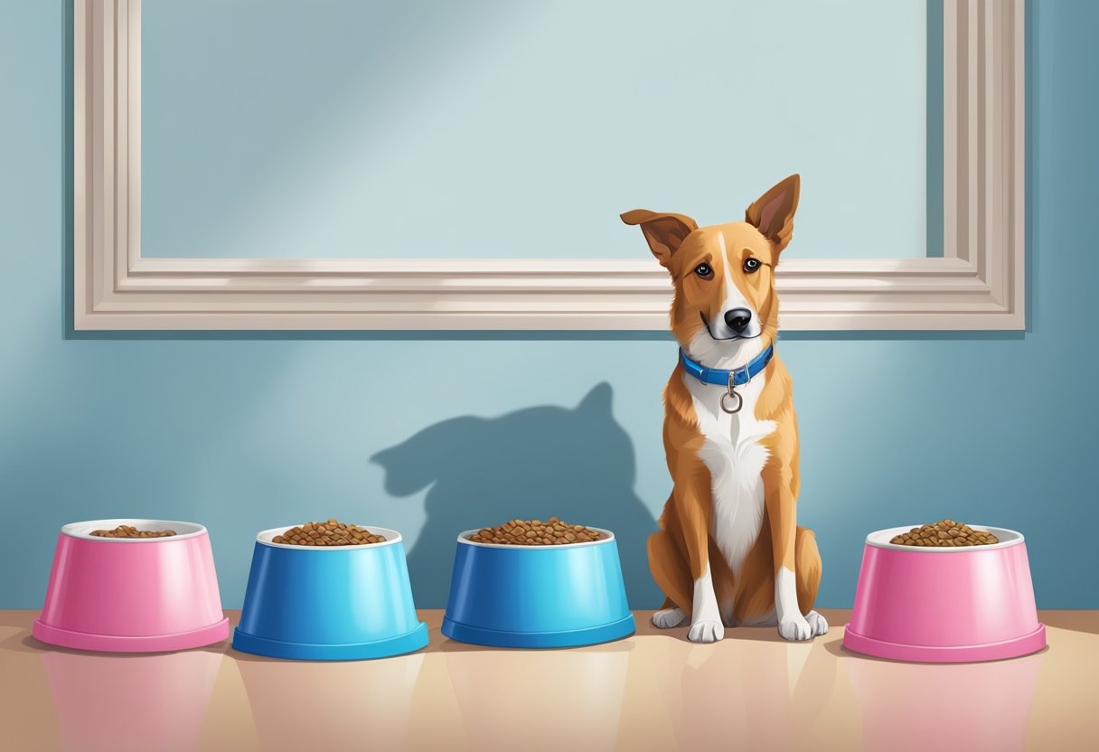A dog sitting between two empty dog bowls, one with a pink collar and the other with a blue collar. A leash hangs on the wall