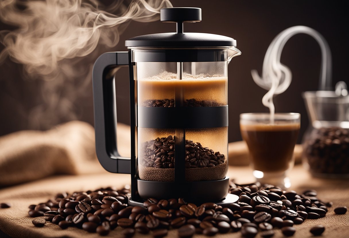 Coffee beans being ground and brewed in a French press, with steam rising and rich aroma filling the air