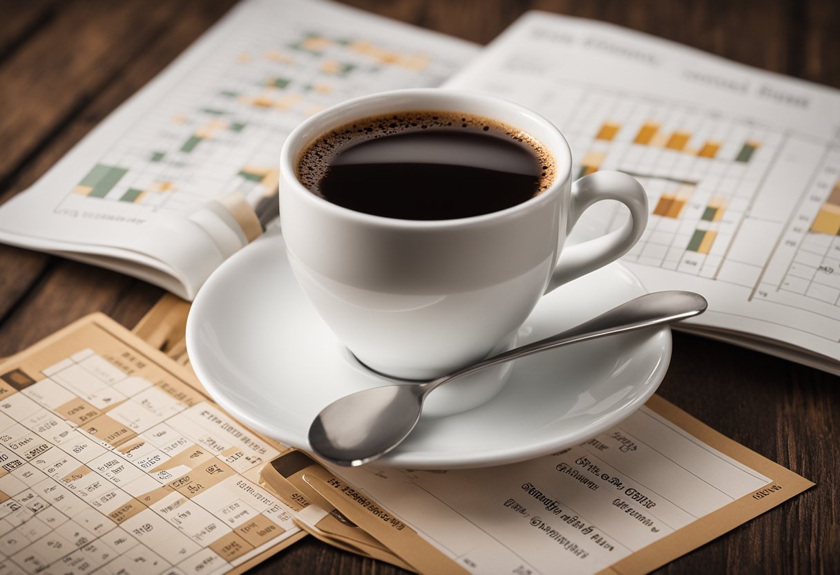 A steaming cup of dark roast coffee sits next to a caffeine chart, highlighting the highest caffeine content