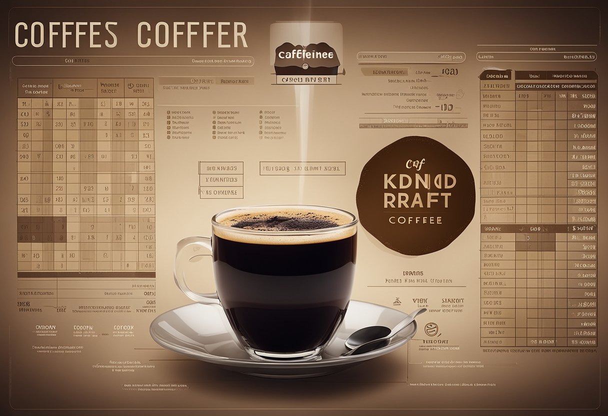 A steaming cup of dark roast coffee with a caffeine content chart beside it, surrounded by various alternative coffee options like cold brew, matcha, and yerba mate