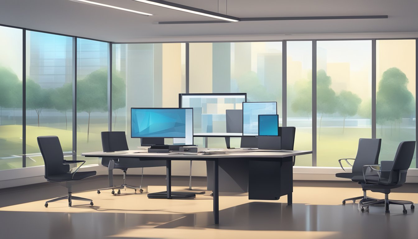 A sleek Panasonic 3D HD Video Conferencing System with Codec and Microphone on a clean, modern desk in a well-lit, professional office setting