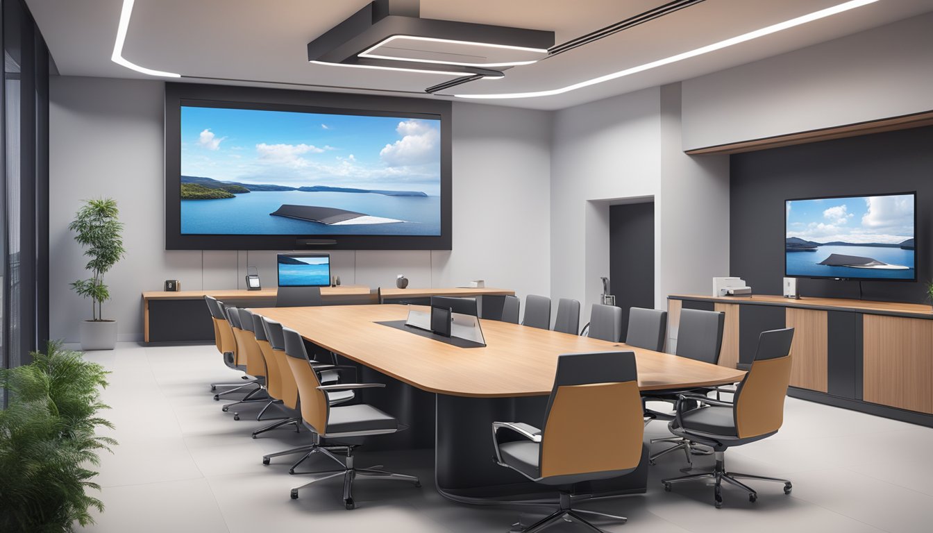 A Panasonic 3D HD Video Conferencing System with Codec and Microphone is set up on a sleek, modern conference table, surrounded by high-tech equipment and comfortable seating