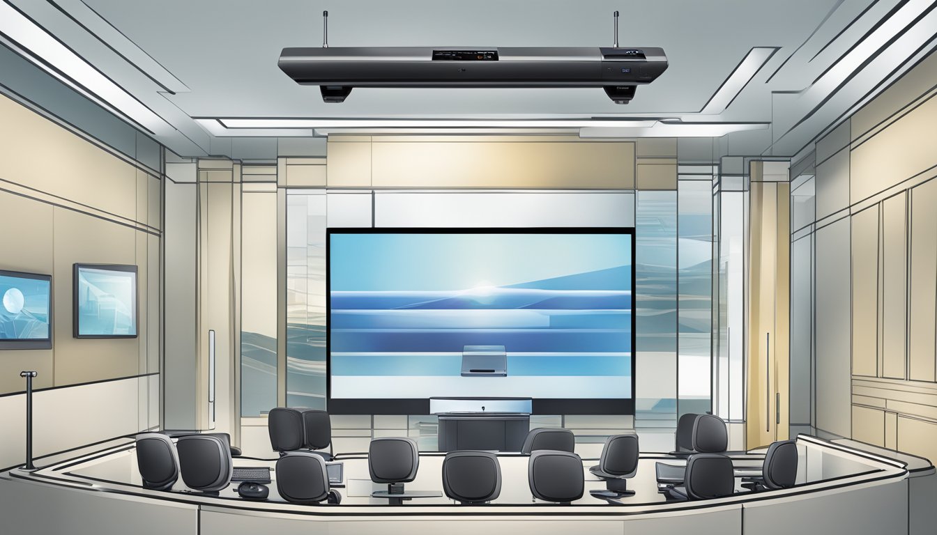 A Panasonic 3D HD video conferencing system with codec and microphone, featuring sleek, modern design and high-tech details