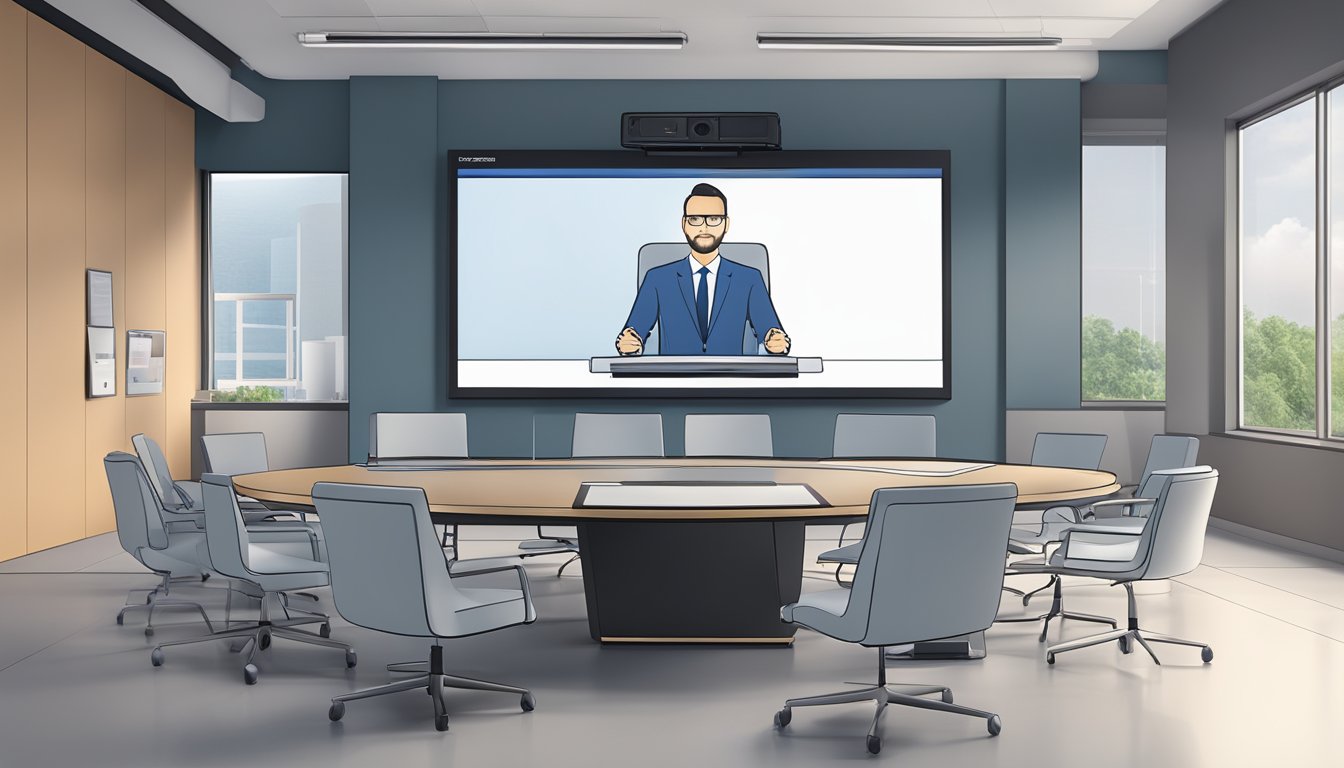 A sleek Panasonic 3D HD video conferencing system with codec and microphone, set up in a modern office space with a large screen and comfortable seating