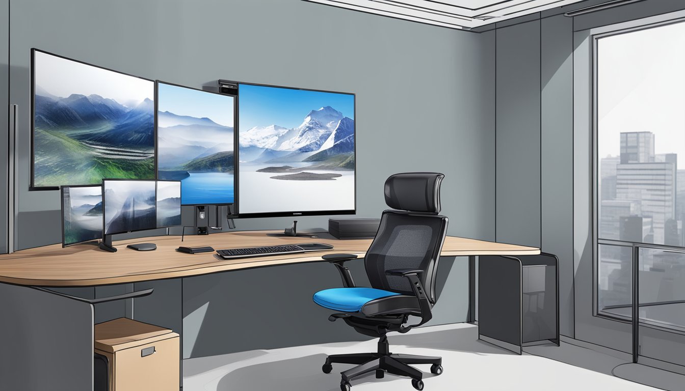 The AVerMedia AVerComm H100 HD Video Conferencing System sits on a sleek, modern desk, surrounded by a clutter-free workspace with a comfortable chair and a large display screen for clear communication