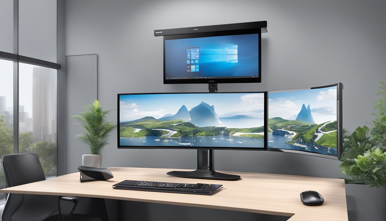 The AVerMedia AVerComm H100 HD Video Conferencing System sits on a sleek, modern desk in a well-lit room, with a large display screen and a high-quality camera positioned at eye level