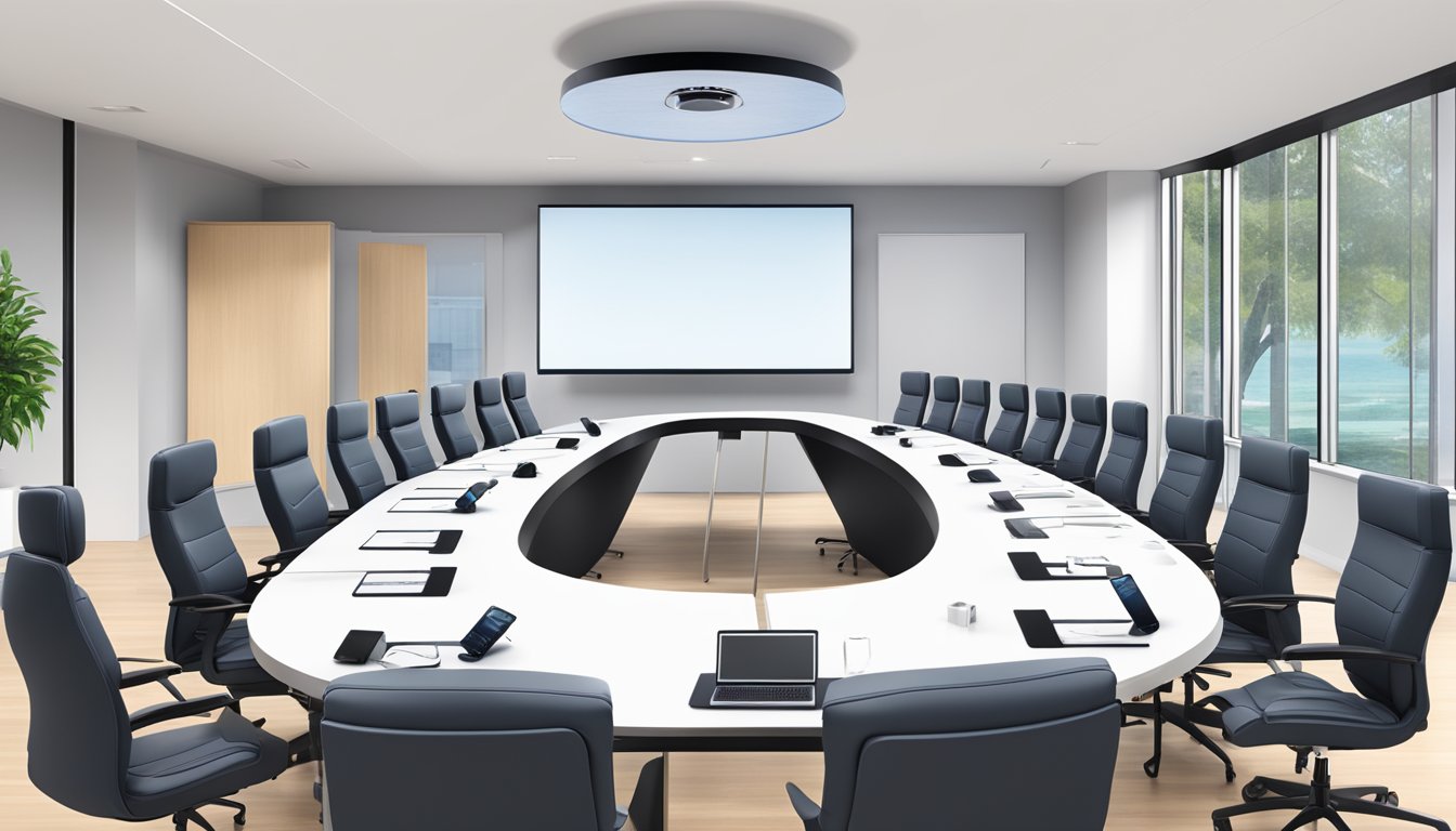The AVerMedia AVerComm H100 HD Video Conferencing System in a modern, well-lit conference room with sleek, professional design and high-tech equipment