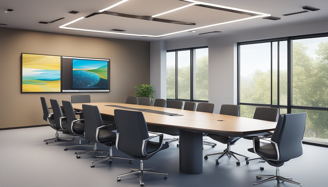 The Polycom SoundStation IP 7000 conference phone is placed on a sleek, modern conference table, surrounded by chairs and with cables neatly organized for setup