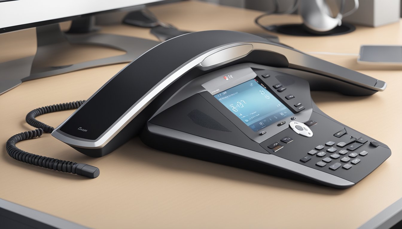 A Polycom SoundStation IP 7000 Conference Phone sits on a sleek, modern desk. The phone's display screen shows a clear, intuitive user interface with easy-to-read buttons and controls
