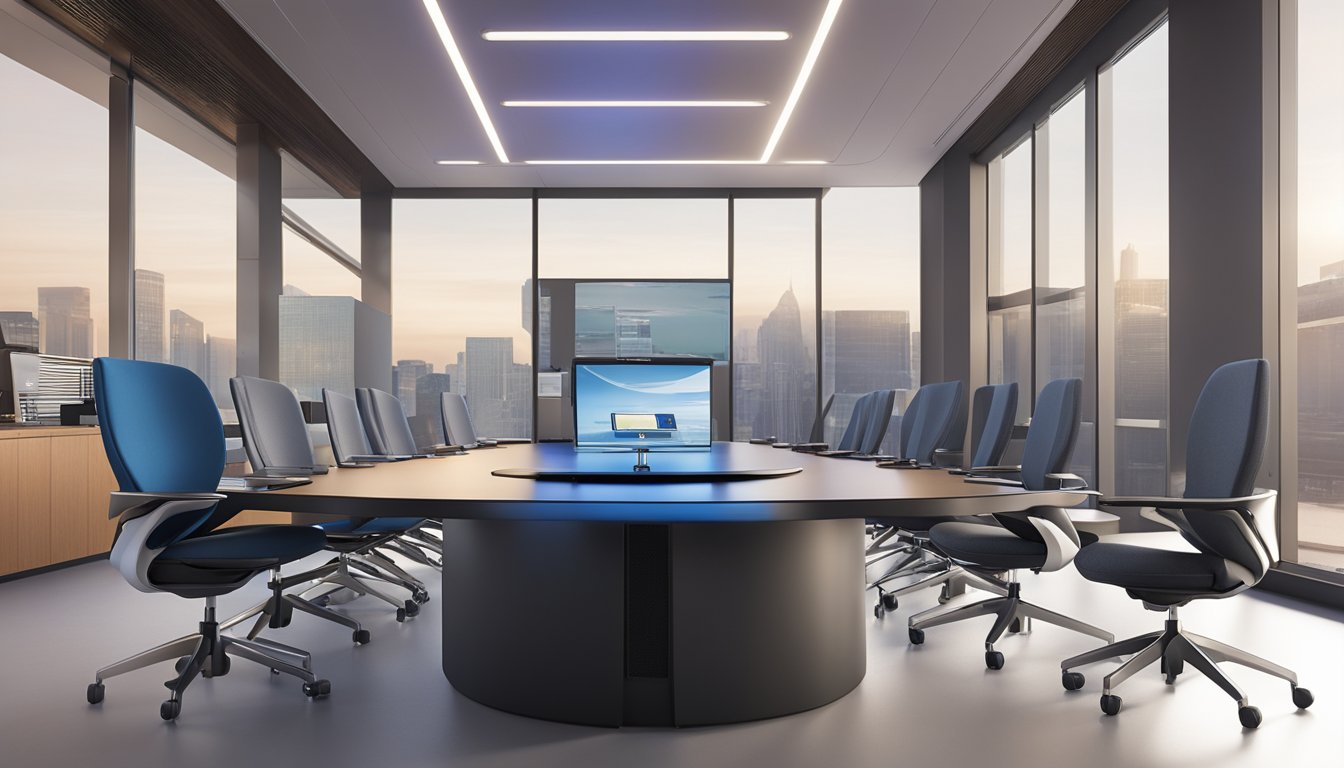 A Polycom SoundStation IP 6000 Conference Phone is placed on a sleek, modern conference table surrounded by high-tech equipment and comfortable seating
