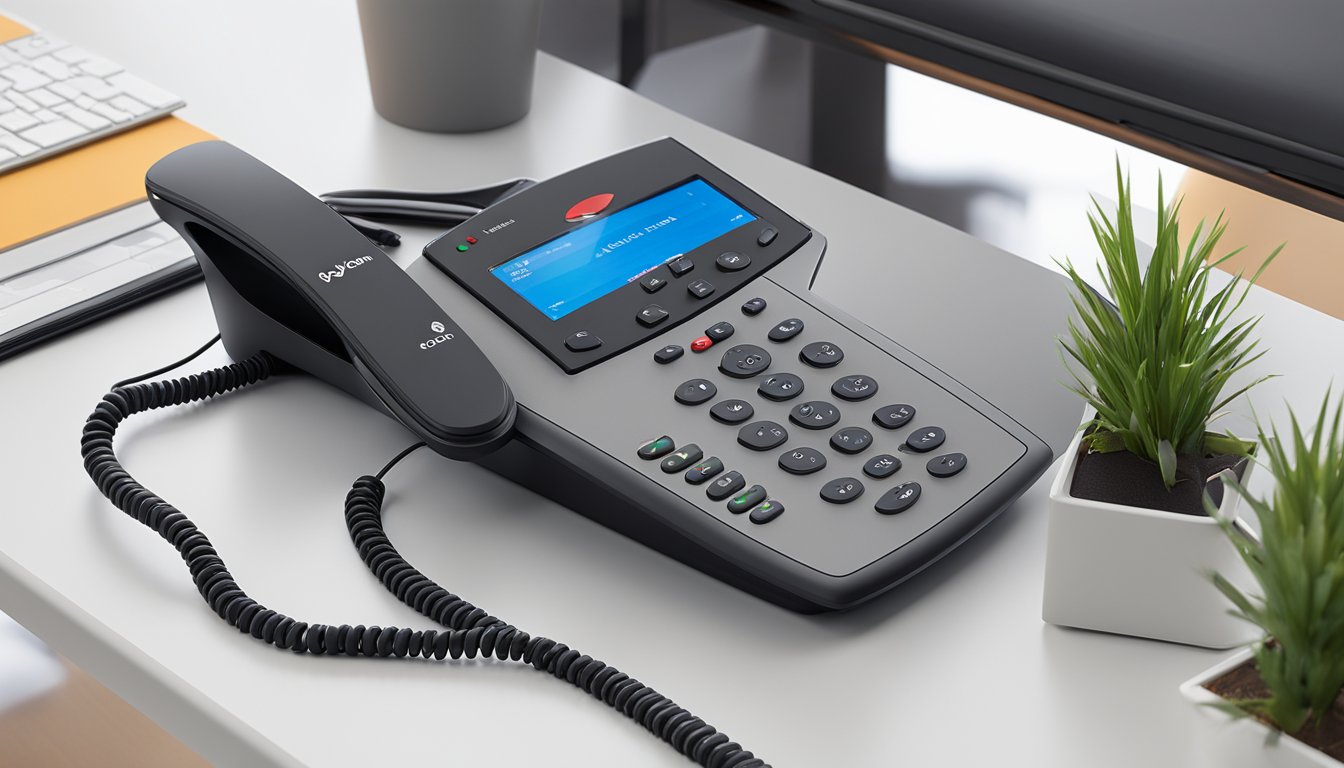The Polycom CX100 Speakerphone sits on a sleek desk, surrounded by a clutter-free workspace. The room is well-lit, with a large window providing natural light