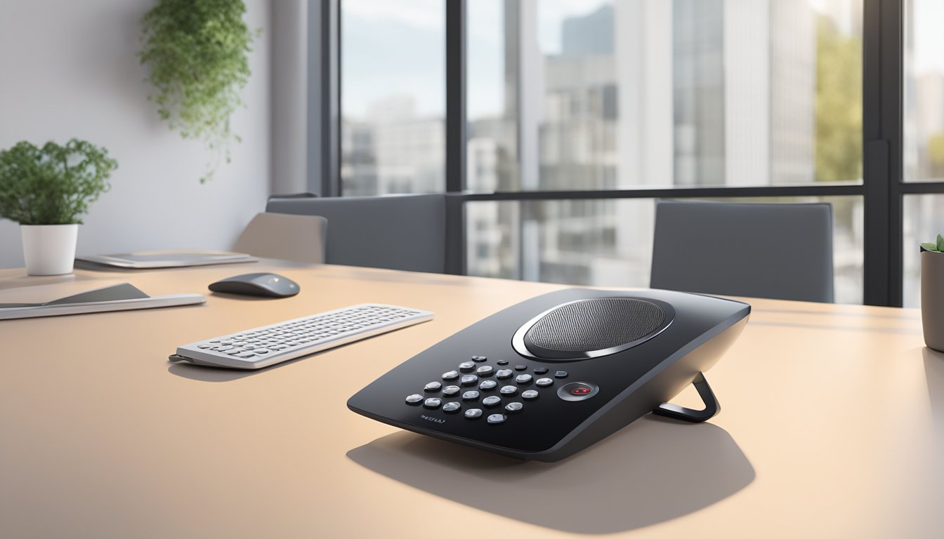 A sleek, modern speakerphone sits on a clean, minimalist desk. The Polycom CX100 is expertly crafted with high-quality materials, showcasing its durable and professional design