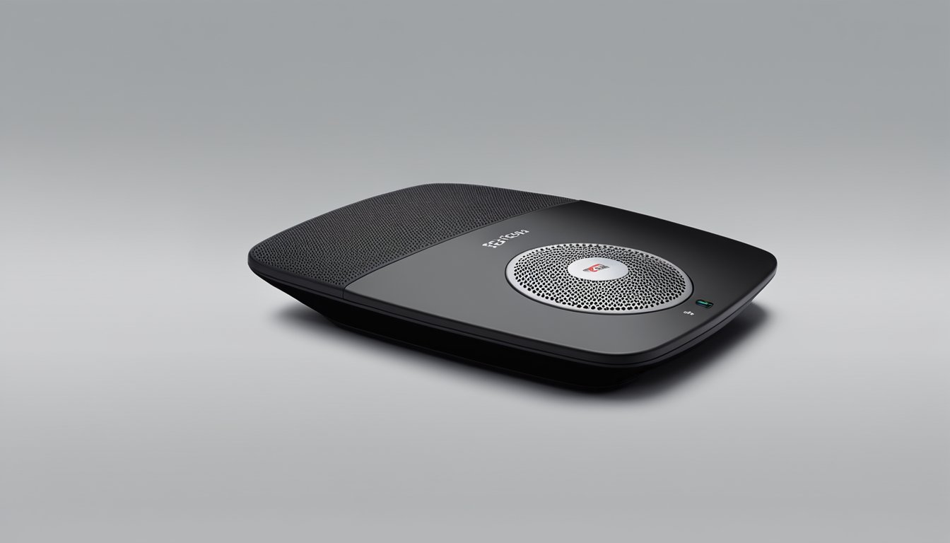 The Polycom CX100 Speakerphone sits on a sleek, modern desk. Its compact size and minimalist design make it a stylish addition to any workspace
