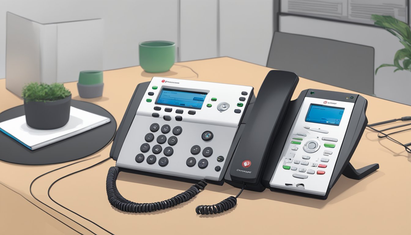 A Polycom CX100 Speakerphone sits on a desk, with a laptop and notepad nearby. Cables connect the speakerphone to the computer