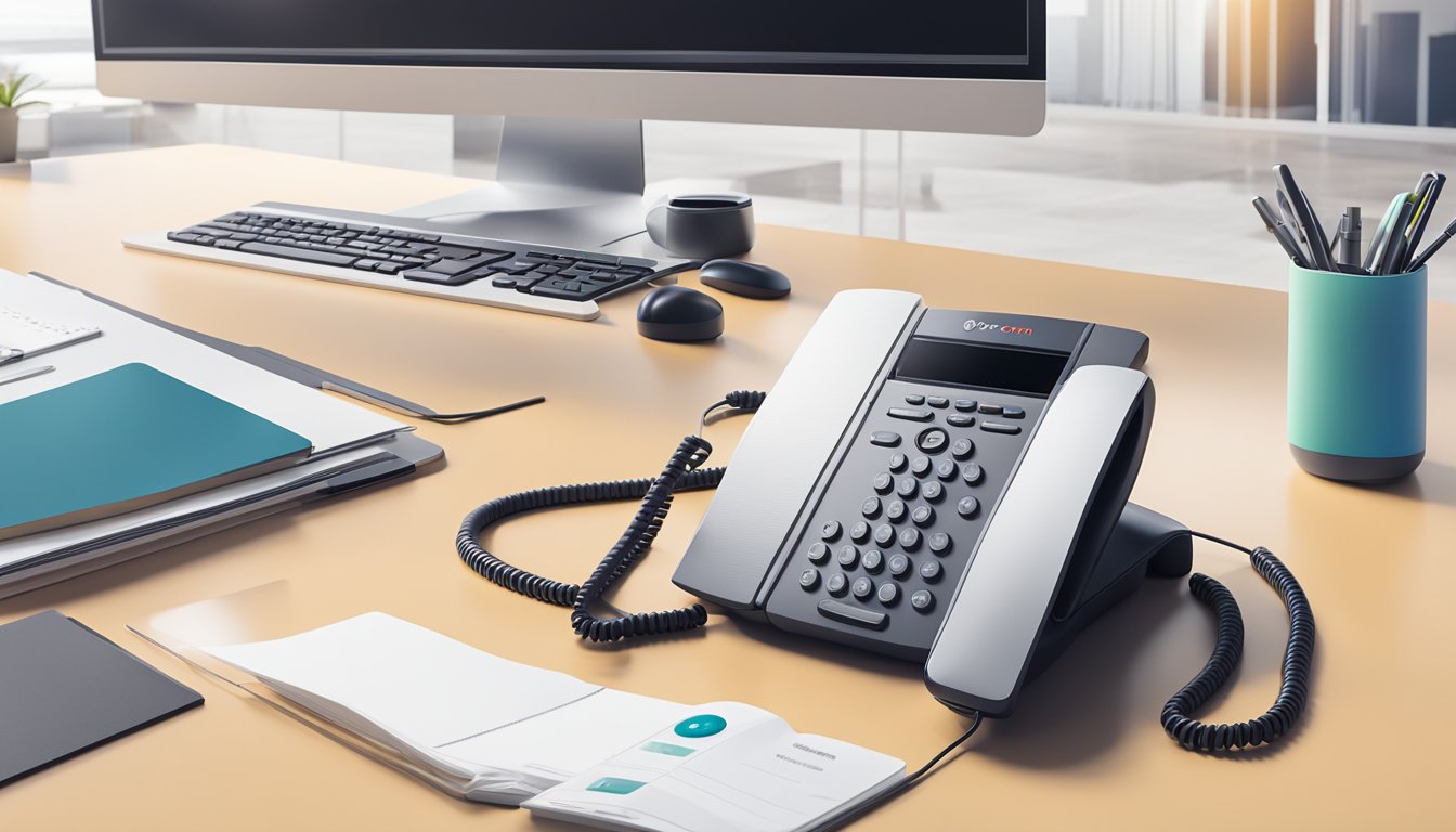 A Polycom CX200 Desktop Phone sits on a clean, modern desk with a computer and other office supplies nearby. The phone's sleek design and illuminated buttons give it a professional and sophisticated appearance