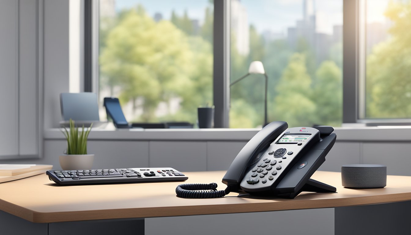 A Polycom CX200 Desktop Phone sits on a clean, modern desk with a computer monitor and keyboard in the background. The phone is illuminated by natural light coming from a nearby window